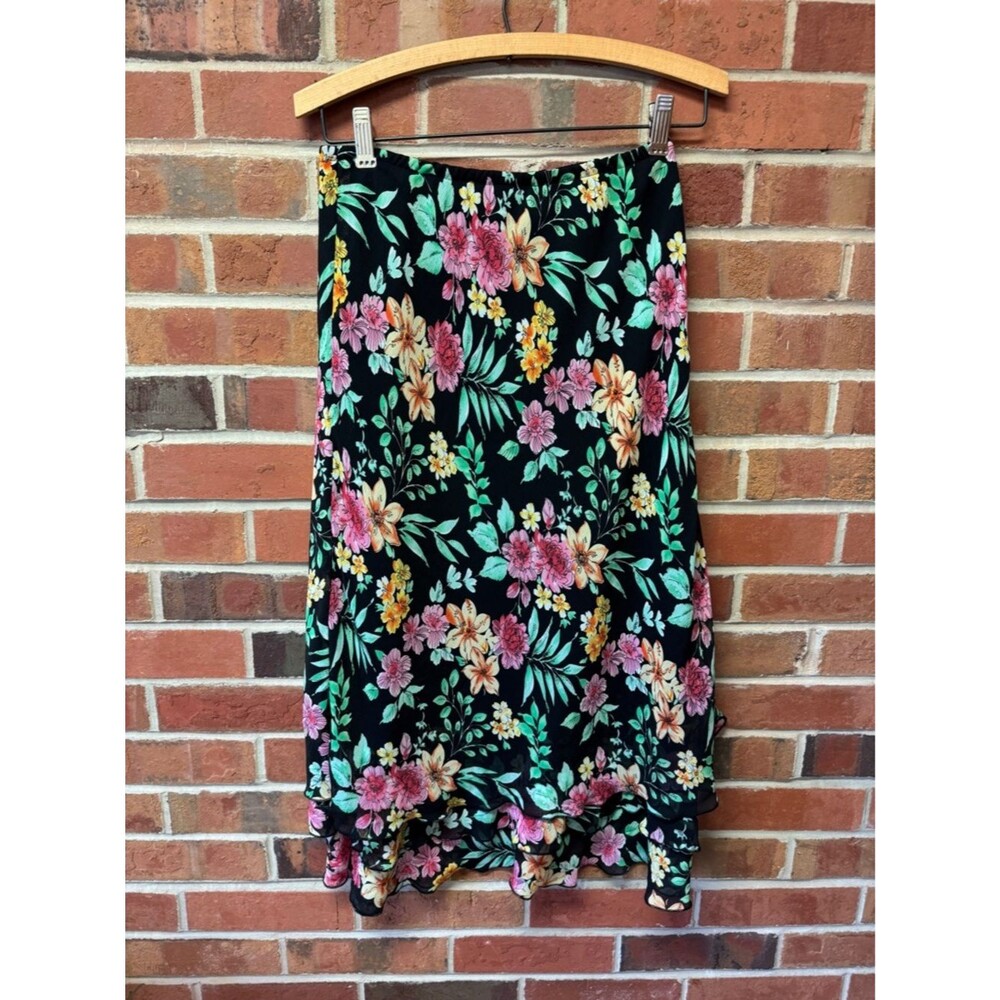 Elementz Black Floral Midi Skirt with Pink, Yellow & Green Print